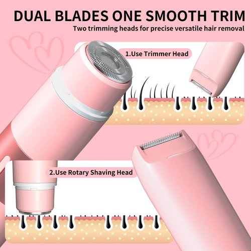 Bikini Trimmer for Women - 2 in 1 Painless Electric Razors for Women, IPX7 Waterproof Rechargeable LED Dual Head Electric Shaver for Lady Bikini Underarm, Body, Leg, Face Hair Remove (Light Pink)