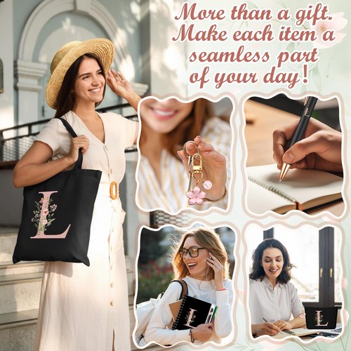 Talltalk 5 Pcs Personalized Women Gifts,Initial Tote Bag,Makeup Bag,Keyring,Notebook,Ballpoint,Black Alphabet Gifts for Women(Letter L)