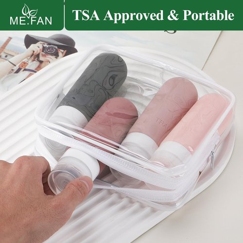 ME.FAN Travel Bottles for Toiletries, TSA Approved 3oz Travel Size Containers, Silicone Squeezable Portable Split Bottle, Travel Accessories for Conditioner, Shampoo, Lotion- 4 Pack Pink