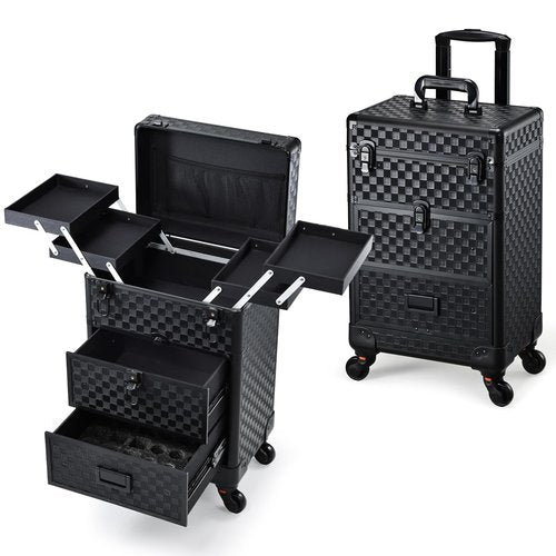 Stagiant Rolling Makeup Case with Drawers Cosmetology Case on Wheels 3 IN 1 Makeup Case 2 Drawers with Foot Stand Spring-release Mechanism Rolling Make Up Organizer for Artist Salon Nail Teach Trunk