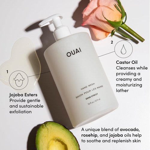 OUAI Hand Wash - Nourishing Liquid Soap with Jojoba, Avocado & Rose Hip Oil - 16 Fl Oz for Gentle Exfoliation