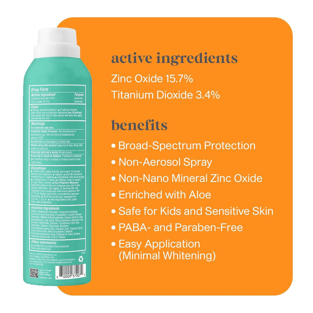 Thinksport Kids Sunscreen Spray - SPF 50 Mineral Protection | Water-Resistant, 6 Fl Oz