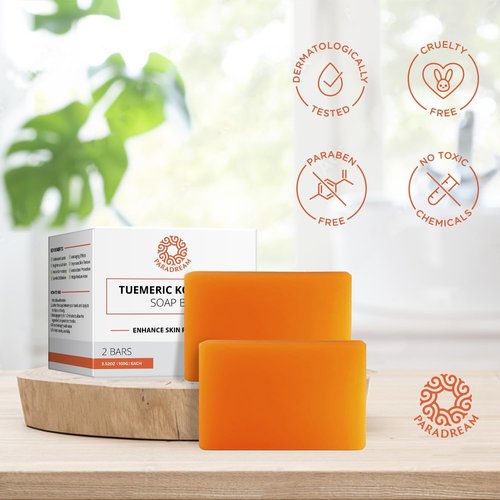 Kojic Acid Soap and Loofah Sponge Set: Soap Bar with Turmeric, Vitamin C, Retinol, Hyaluronic Acid, Vitamin E, Shea Butter, Olive Oil - 2 Pack Soap and 1 Pack Spooge