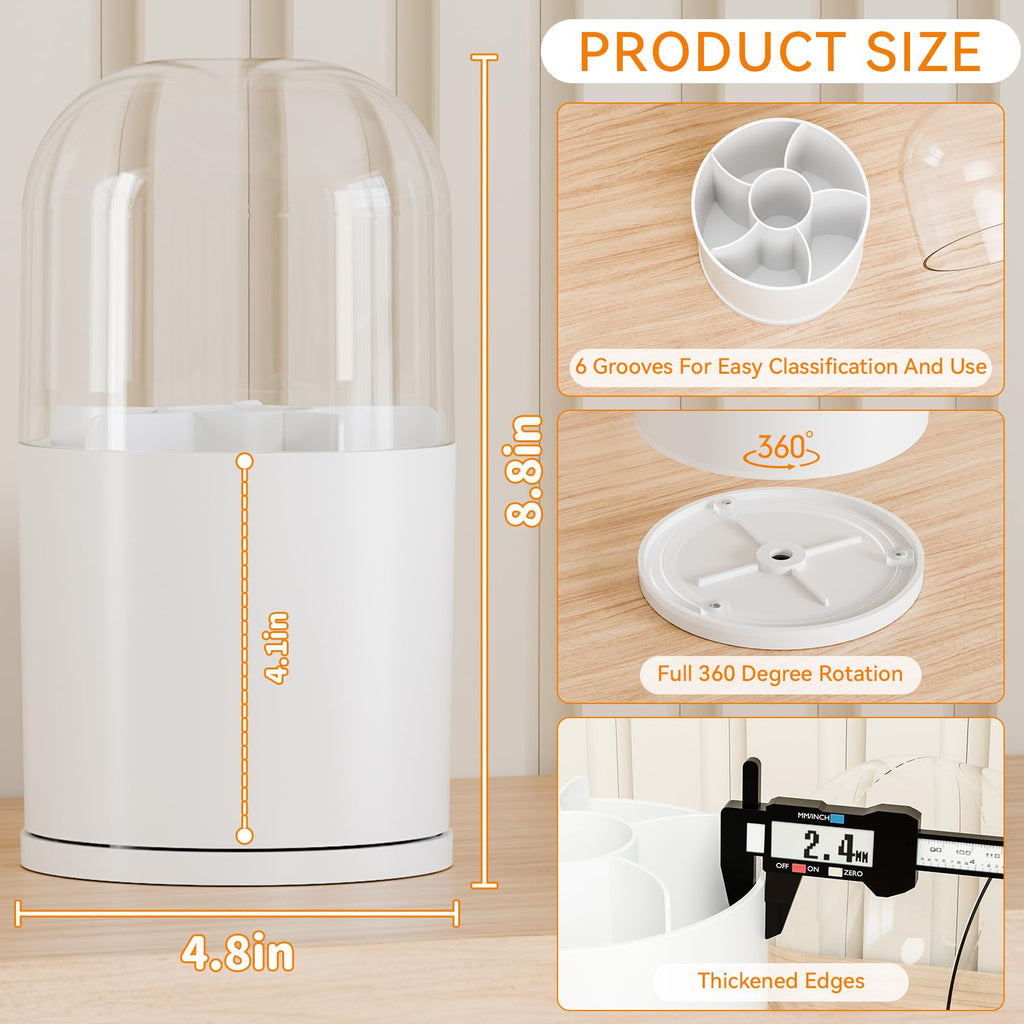 Yieach Rotating Acrylic Makeup Brush Holder with Lid for Vanity,Bathroom,Countertop,Covered Makeup Brushes Organizer,Round Spinning Cosmetic Brushes Holder and Make up Brush Storage with Cover,White