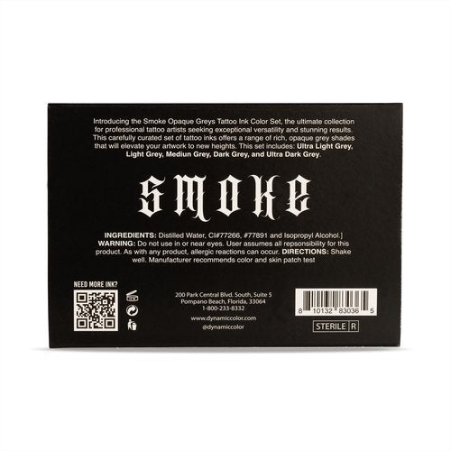 Dynamic Color Co- Smoke Set, Opaque Grey Tattoo Ink Set, 5 Shades of Ultra Light to Ultra Dark, Made in USA, Sterilized, 1 oz Bottles - Professional Tattoo Artists