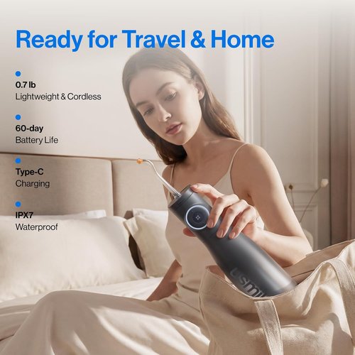 Usmile C30 Cordless Water Flosser - 300ml Tank, 5 Pressure Levels, S-Shaped Nozzles | Portable & Waterproof (Black)