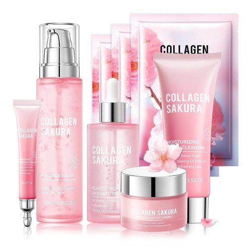 Skin Care Set-Travel Skincare Kit-Collagen Sakura Set with Mask,Eye Cream,Cleanser,Serum,Face Cream,Toner for Gift Sets for Teen Girls,Facial Skin Care Sets for Women Wife Teen Girls