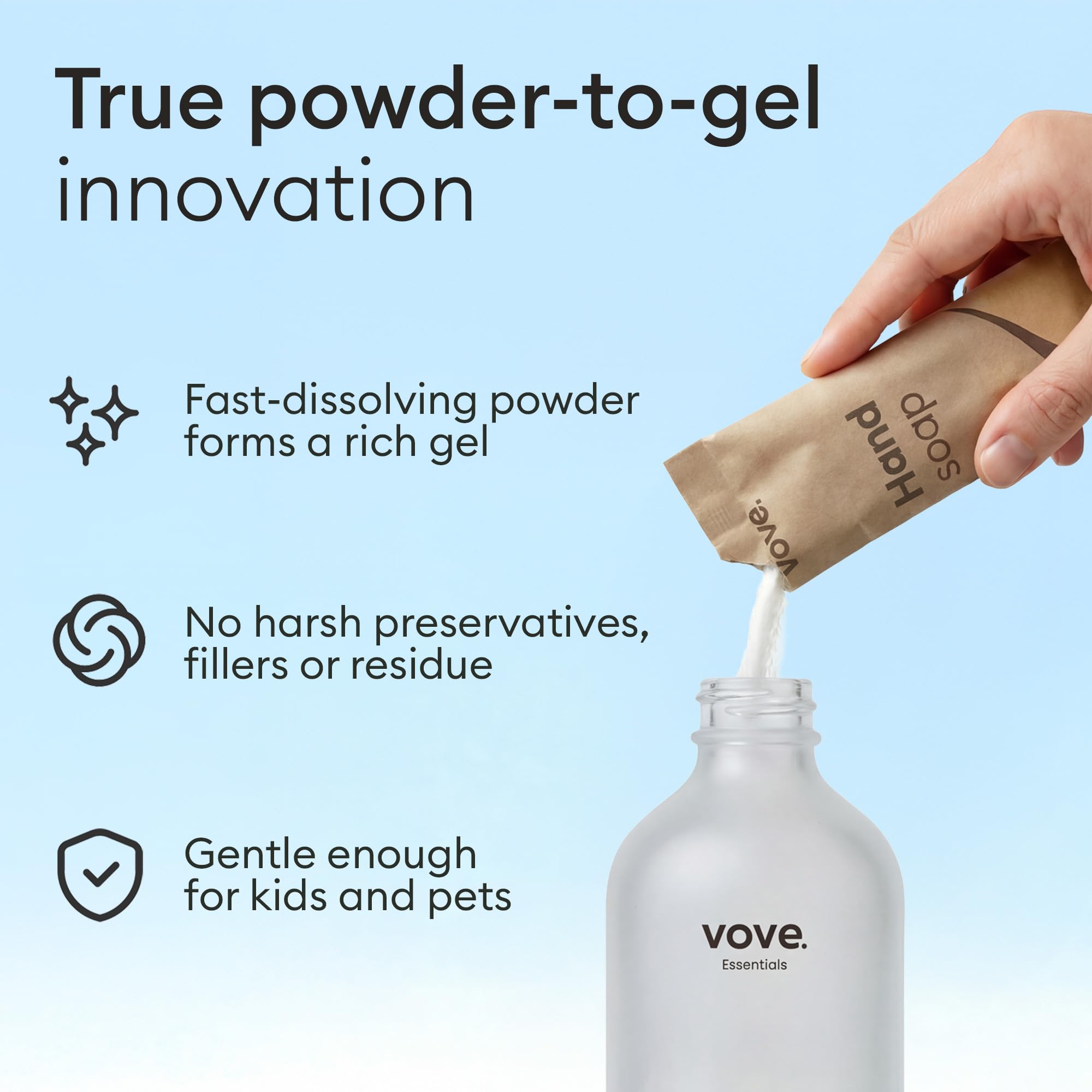 Vove Hand Soap Starter Set with Refillable Light Glass Pump Bottle & 3 Refills, Mandarin Geranium & Cedarwood, Powder-to-Gel with Aloe Vera & Cactus Extract, Plant-Based Formula, Plastic-Free