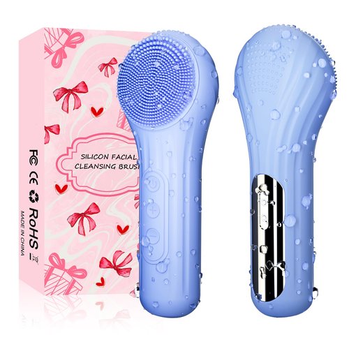 Silicone Face Scrubber, Waterproof Electric Facial Cleansing Brush for Men & Women, Rechargeable Face Scrubber with 5 Modes for Deep Cleansing, Exfoliating, Massage (Blue)