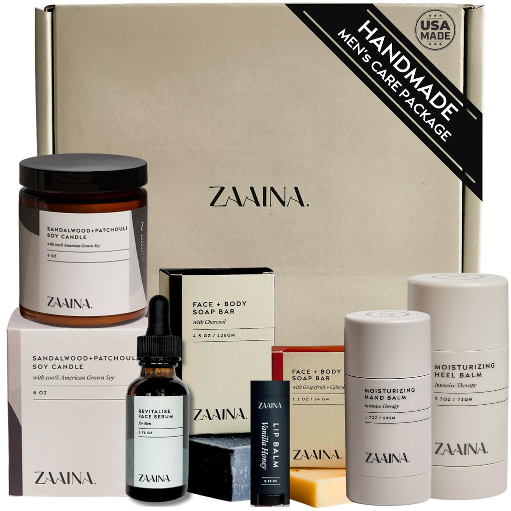 ZAAINA Men’s Care Package, Valentine Gifts for Men, Relaxation Spa Gift Set - Luxury Natural Handmade Grooming Kit for Husband Dad Friend, Birthday Gifts for Him (Premium Set with Sandalwood Candle)