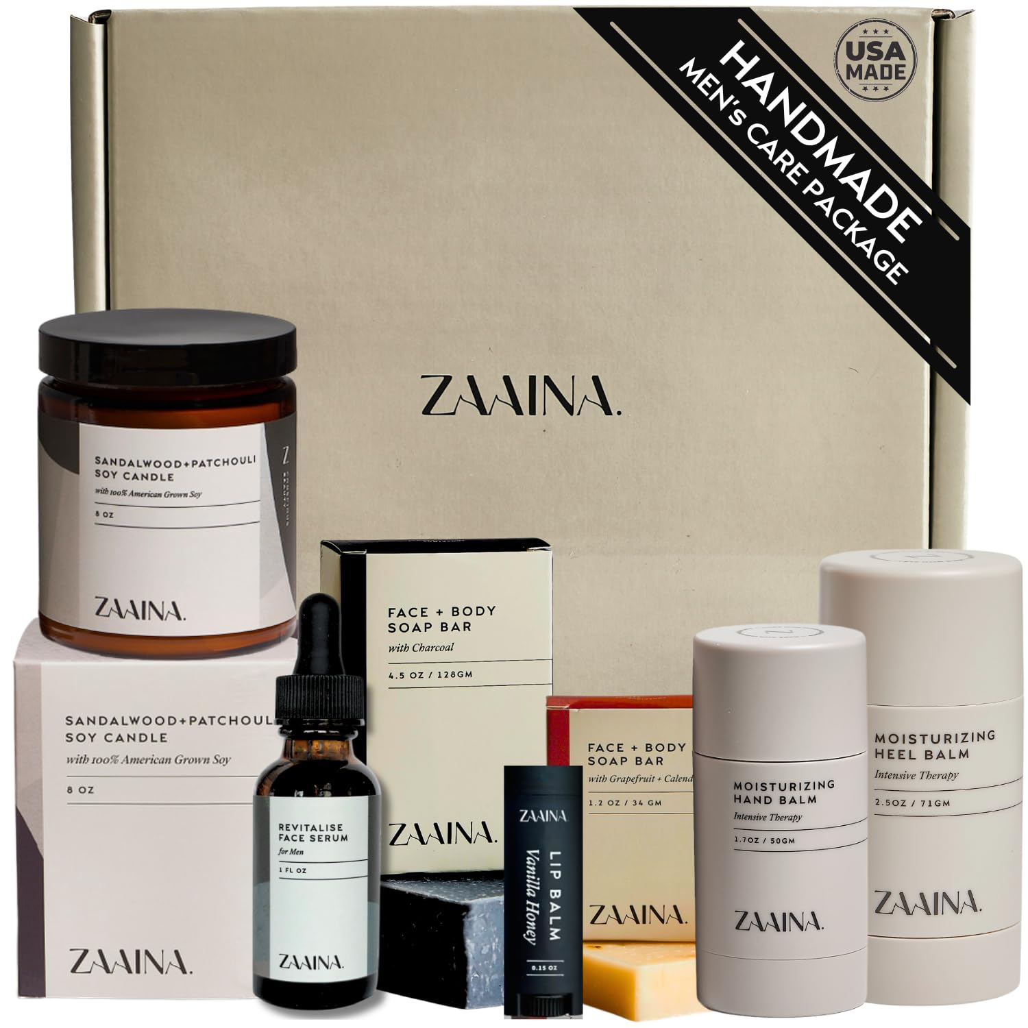 ZAAINA Men’s Care Package, Valentine Gifts for Men, Relaxation Spa Gift Set - Luxury Natural Handmade Grooming Kit for Husband Dad Friend, Birthday Gifts for Him (Premium Set with Sandalwood Candle)