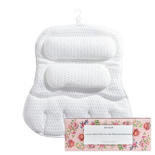 Suvast Luxury Bath Pillow for Tub, Dual Headrest & Back Support, 4D Air Mesh Quick-Dry Cushion, 10 Strong Suction Cups, Extra-Large Spa Bathtub Pillow Gift for Women(White)
