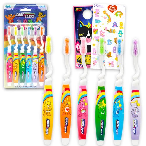 Care Bears Toothbrush Set - Bundle with 6 Toothbrushes Featuring Cheer Bear, Funshine Bear, More Plus Stickers | Care Bears Oral Hygiene Kit for Kids and Toddlers