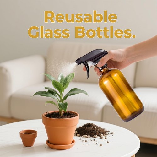 JIUWU 2 Pack 500ml 16.9oz Amber/Brown Glass Spray Bottles, Thickened, Refillable Empty Bottles for Cleaning Solutions, Essential Oils, Hair, Plants, Adjustable Nozzle for Squirt/Mist, Funnel, Label