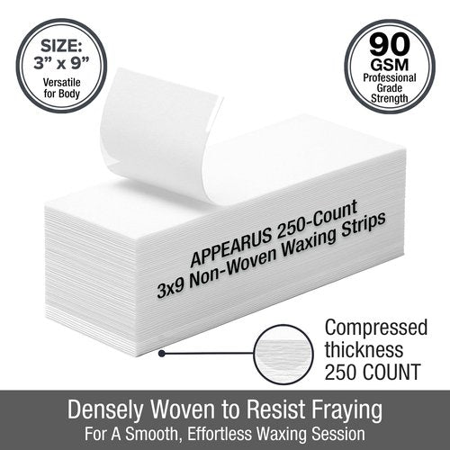 Appearus 250-Count Large 3x9 Non-Woven Waxing Strips - 90 gsm Heavy Duty Hair Removal Strips for Body and Face - Professional Epilating Strips for All Soft Wax - Lint-Free, Tear-Resistant Spa Grade