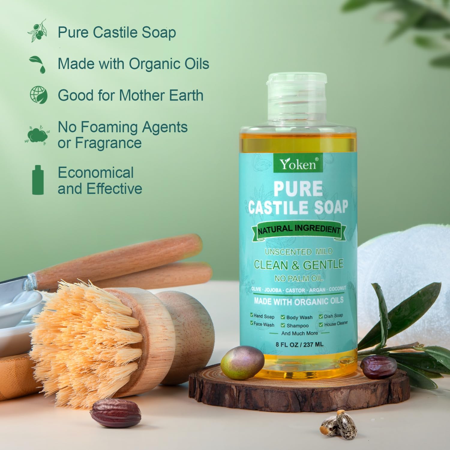 Yoken Pure Castile Liquid Soap Organic (EWG Verified, Unscented, 8 OZ), Made with Organic Oils, No Added Fragrance, Vegan, Castile Soap Liquid for Face, Laundry, Dishes, Sensitive Skin, Travel soaps