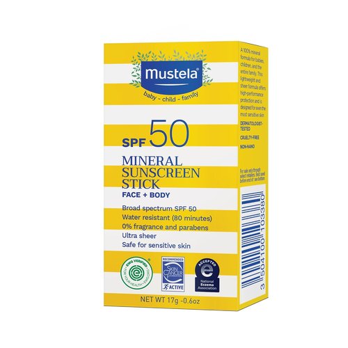 Mustela Baby Mineral Sunscreen Stick SPF 50 - Ultra Sheer, Water Resistant & Fragrance-Free - 0.6 oz.