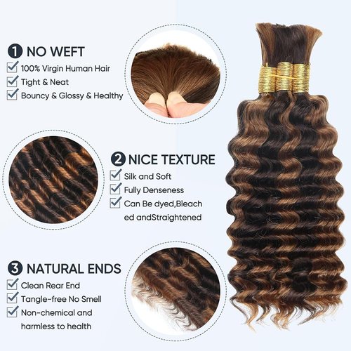P430 Highlight Brown Human Braiding Hair Deep Wave Bulk 14 14 14 Inch 150g/3 Bundles Light Dark Brown Deep Wave Braids Human Hair Extensions