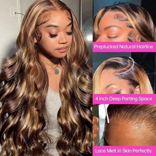 Puoonn Synthetic Lace Front Wigs for Black Women 13X4X1 Highlight Body Wave HD Transparent Lace Front Wigs with Pre Plucked Natrural Hairline and Baby Hair for Women