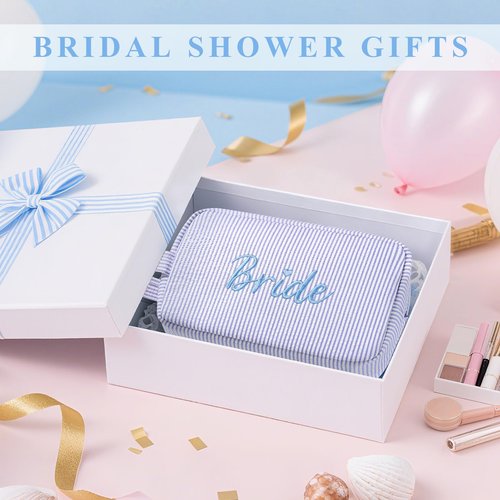 Etercycle Bride Makeup Bag, Blue Striped Cosmetic Bag Embroidery Bridal Shower Gifts, Large Travel Make Up Bags with Inside Pockets Toiletry Bag for Women Wedding Engagement Bachelorette Party