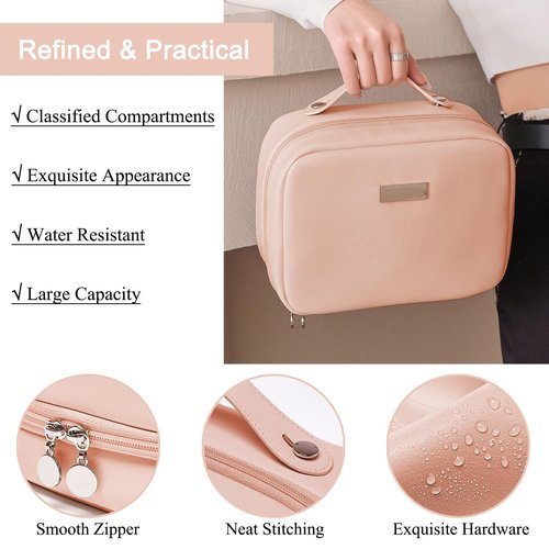 BAKLUCK Travel Makeup Bag Large Capacity Transparent Double Sided Cosmetic Bags with Makeup Brush Compartment- PU Waterproof Leather Makeup Toiletry Organizer Bag for Women,Pink