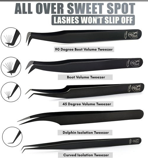 My Lash Tools Fiber Tip Lash Tweezers for Lash Extensions Precision Boot Volume Eyelash Extensions Tweezers Japanese Steel Curved Isolation Tweezer Set Fiber grip tweezers pinzas para (5pcs, Black)