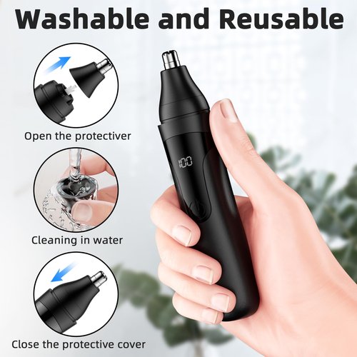 SESATOOK Nose Hair Trimmer, Rechargeable Professional Painless Nose Trimmer for Ear and Eyebrow, with Dual Edge Blades Easy Cleaning and Washing (Black)