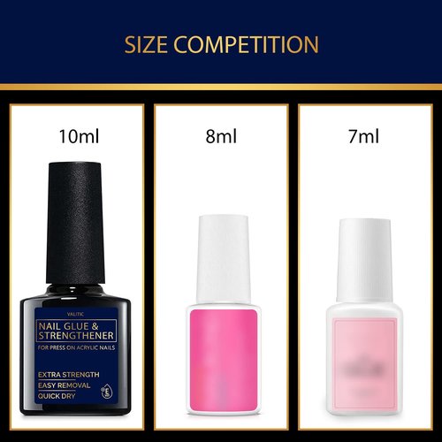 Valitic Strong Nail Glue and Strengthener for Acrylic and Press On Nails - Quick Dry Brush On Gel for Long Lasting Effect - Adhesive Nail Bond for False Nails with Tips Strengthener - 4 Pack