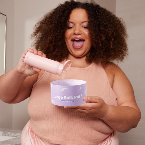Qopoto Powder Puff and Container, Large 6'' Body Powder Puff for Dusting Powder, Women Powder Puff with Storage Jar for Bath, Body Powder Applicator and Oversize Powder Puffs (Purple)