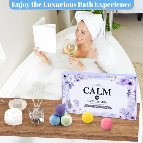 TranquilBliss Bath Bombs Set 50 PCS with 10 Rich Scents, Bath Bombs for Women, Natural Bubble Bombs with Shea Butter & Safe Oil, Ideal for Valentines, Birthday, Mother's Day Present (Purple)