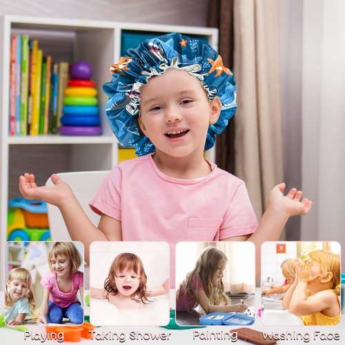 BHAHB 2 PCS Kids Bonnets for Girls Boys Satin Silk Hair Bonnets Double Layer Elastic Adjustable Hair Caps for Sleeping Reusable Cute Aesthetic-Shark Dinosaur