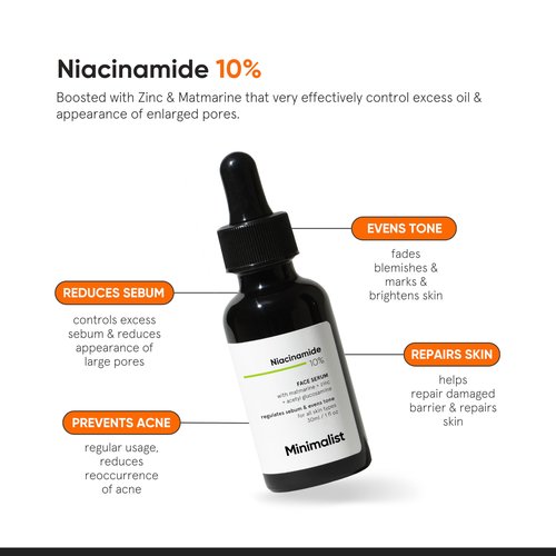 Minimalist Niacinamide 10% + 1% Zinc Face Serum | Reduces Pores, Acne Marks & Oil | Reduces Blemishes for Even Skin Tone | For Women & Men | 1 Fl Oz / 30 ml