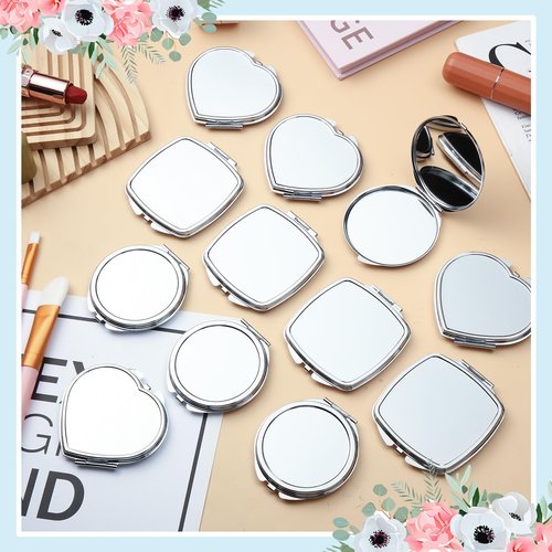 Jetec 12 Pcs Sublimation Blanks Products Small Compact Mirror Bulk Heat Transfer Folding Pocket Makeup Mirror Heart Round Square Double Sided Handheld Sublimation Mirror for Women Gift Purse Travel