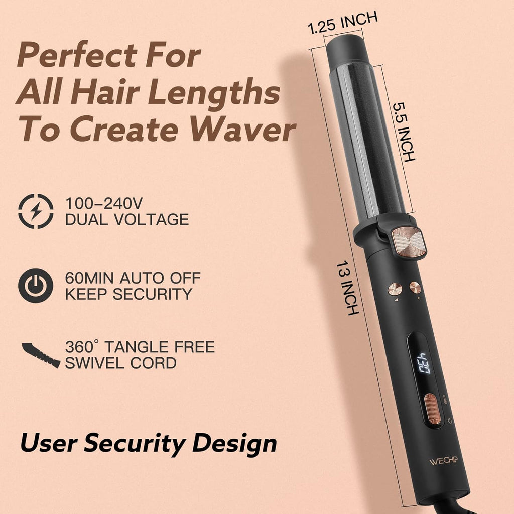 WeChip Automatic Curling Iron - 1.25 Inch Rotating Curling Wand for All Hair Types | Tourmaline Ceramic, LED Display, 5 Heat Settings Up to 430°F
