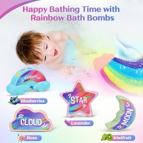Rainbow Bath Bombs for Kids - 4 Pcs Handmade Natural Kid Bath Bombs, Valentines Easter Gifts for Kids, Girls Easter Basket Stuffers, Organic Bubble Bath