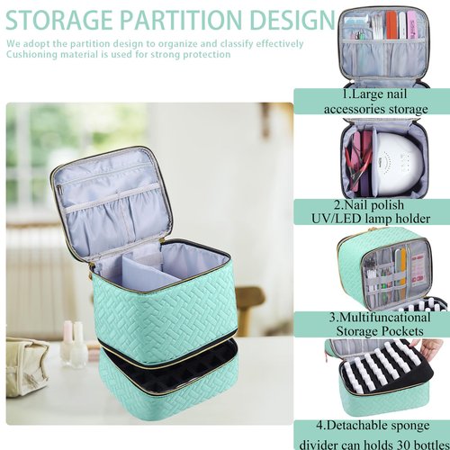 RZMAYIS Nail Polish Organizer, Nail Polish Storage Holds 30 Bottles & Nail Lamp, Double Layer Nail Bag Organizer Case, Portable Nail Polish Holder for Nail Tech Travel & Manicure Kit
