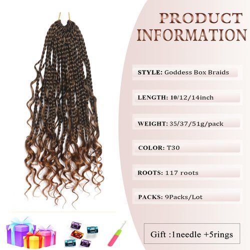 Flagship 9 Packs Goddess Box Braids, 14 Inch Ombre Pre-looped Crochet Braids with Curly Ends, Bohemian Curly Hippie Box Braids - T30