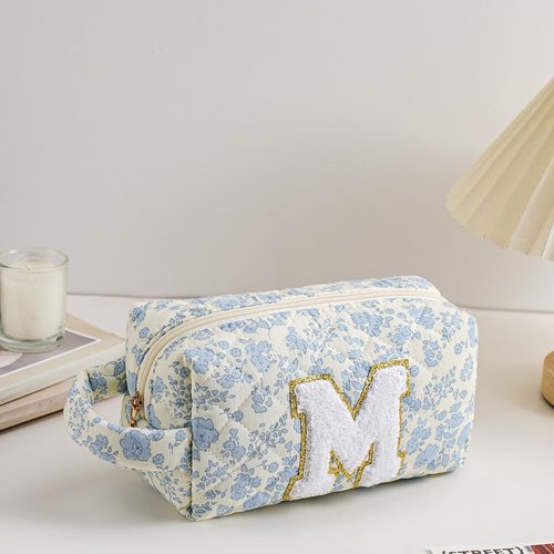 JOVAKIT Alphabet Makeup Bag Cosmetic Bag with handle for Women, Christmas Gifts for Girls Age 3-16, Floral Flowers Coquette Travel Toiletry Bag, Zipper Make Up Pouch Organizer Bag (Blue Floral M)