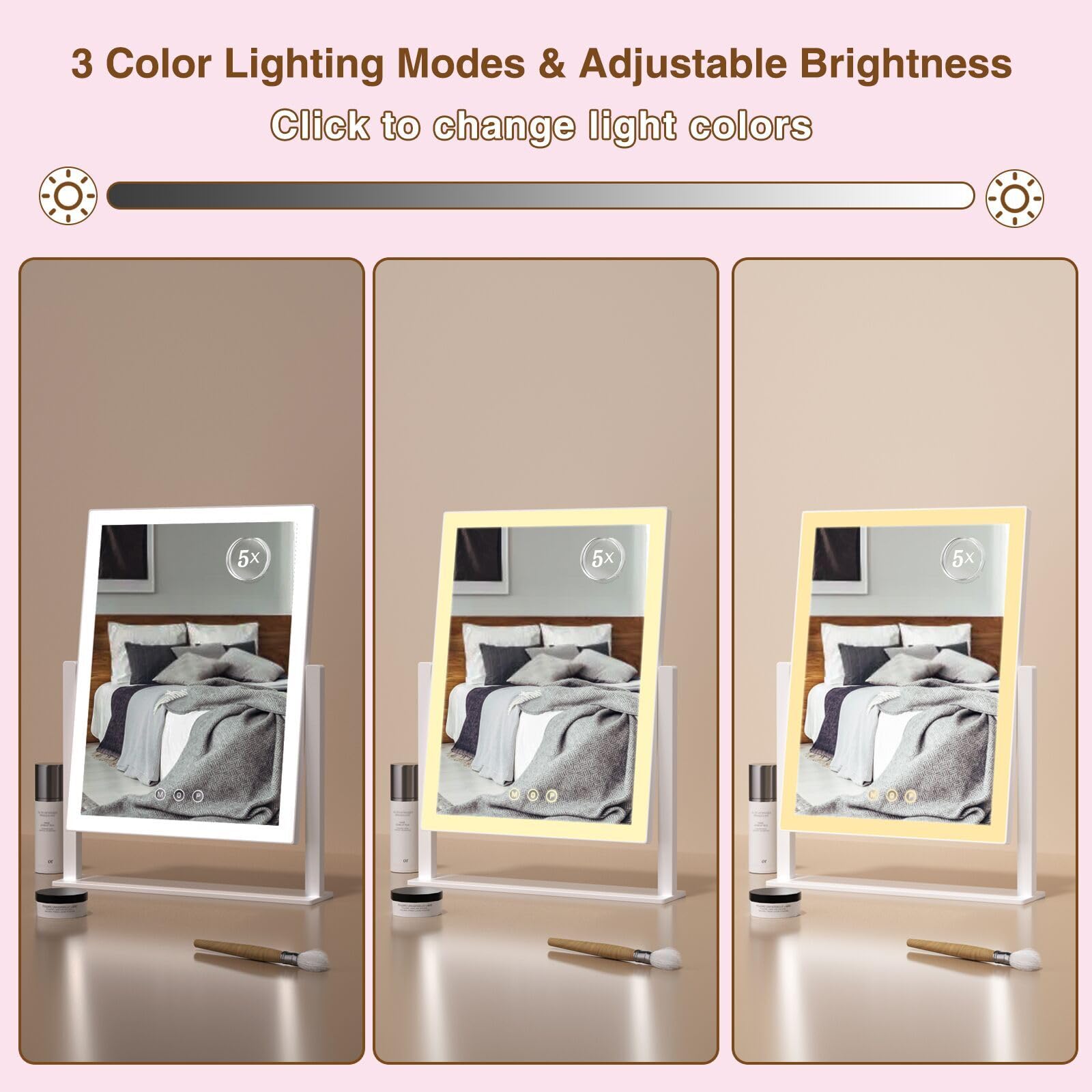 ViKert Light up Makeup Mirror for Vanity, Desk Mirror with Light with 5X Magnification Mirror, Light up Vanity Mirror, Led Mirror for Desks, Makeup Vanity Mirror, 3 Color, Touch Control