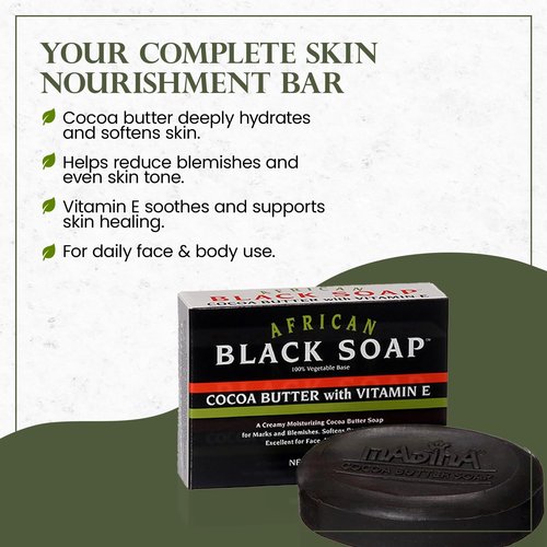 Madina African Black Soap Bar – Cocoa Butter, Vitamin E, Moisturizing, Skin-Restoring, Marks & Blemishes, Face & Body Cleanser, 100% Vegetable-Based, Halal, 6 Pack (3.5 oz Each)