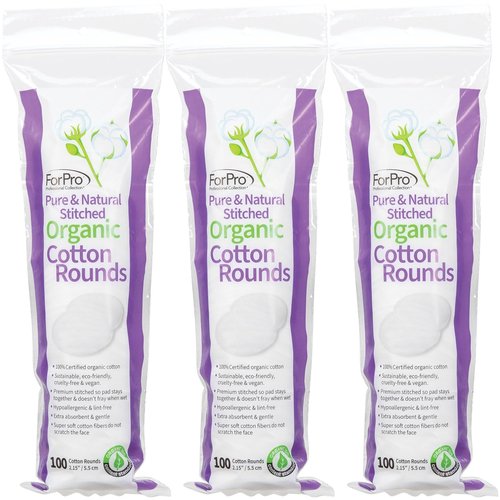 ForPro Pure & Natural Stitched Organic Cotton Rounds for Face (300-Count), 100% Certified Organic Cotton Makeup Remover Pads, Hypoallergenic, Lint-Free, Vegan & Cruelty-Free, Pack of 3-100 Cotton Pads