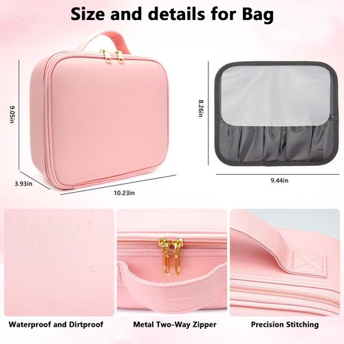 SLUMAZI Travel Makeup Bag with LED Mirror Travel Makeup Organizer with 3 Lighted Settings, Adjustable Dividers and Makeup Brush Storage Bag Pink