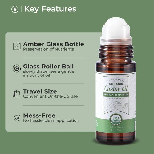 Pexihoap Castor Oil Roll on for Waist Belly Body Skin, Certified Organic Pure Cold Pressed Body Castor Oil Roller Stick Glass Bottle - 1fl.oz