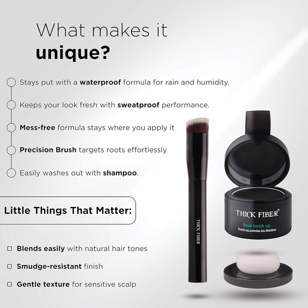 THICK FIBER Root Touch Up Powder - Water & Sweat Resistant Hair Loss Concealer Set for Women | Black