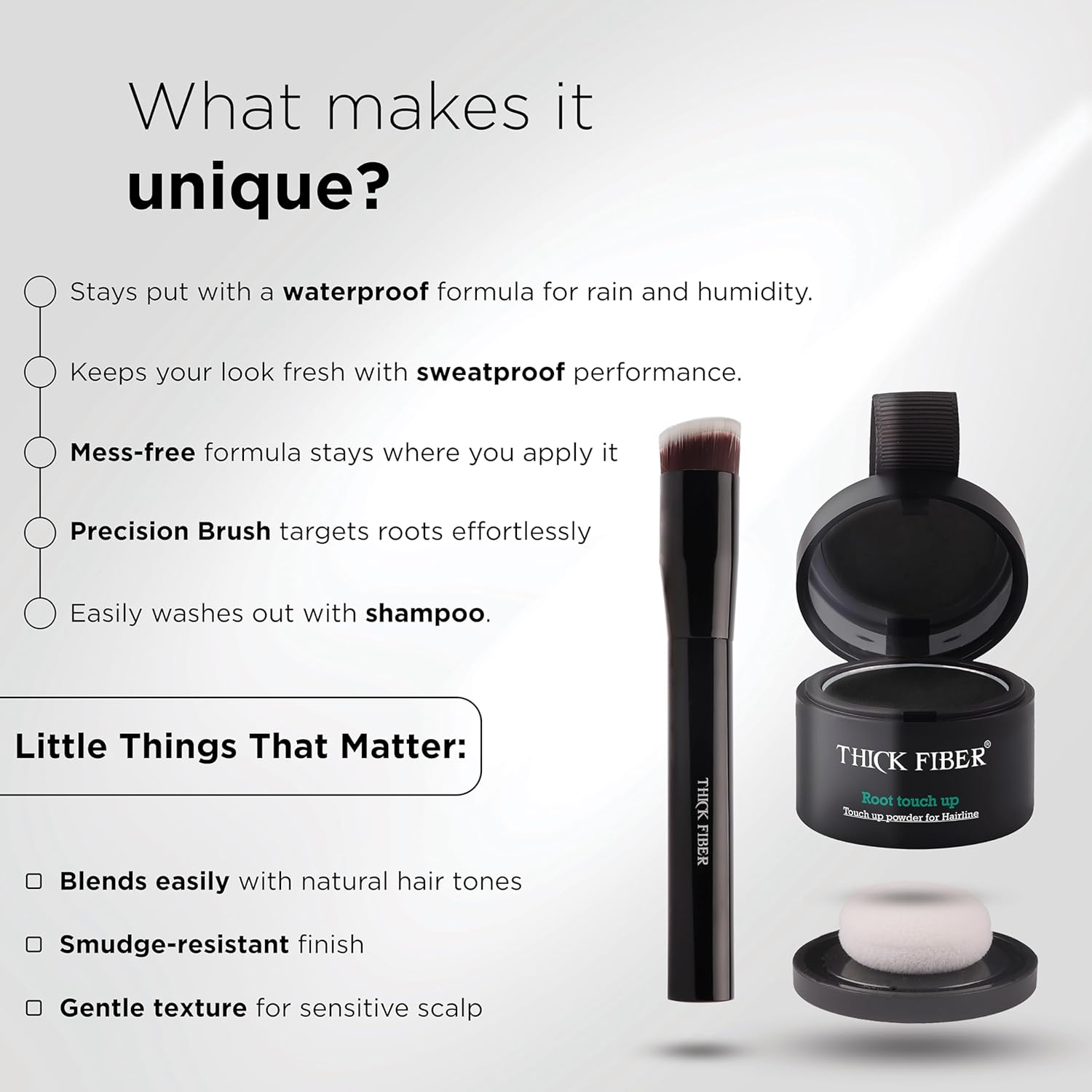 THICK FIBER Root Touch Up Powder - Water & Sweat Resistant Hair Loss Concealer Set for Women | Black