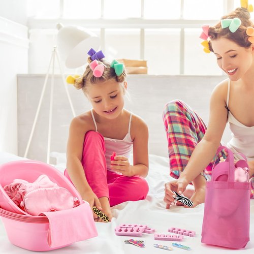 Thiccywoov 54Pcs Kids Foot Spa Party Supplies for Girl Spa Party Favors 6 Washbasin 6 Tote Bags 6 Hand Towels 6 Toe Separators 6 Hair Scrunchies 6 Hairband 6 Slipper 6 Eye Mask 6 Nail File (Pink)