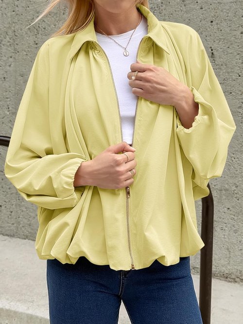 Tankaneo Women's Oversized Bomber Jacket - Stylish Batwing Sleeve with Zip-Up Closure | Pleated Design