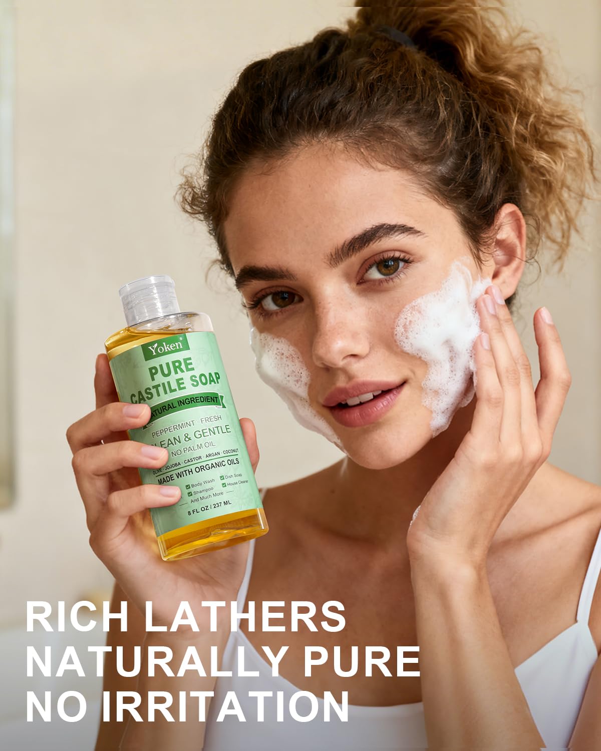 Yoken Peppermint Castile Soap Liquid 8 OZ, Made with Certified Organic Oils, Gentle Peppermint Soap for Body Wash, Face, Hands, Dishes, Laundry & More - Vegan & Natural Ingredients Versatile Cleanser