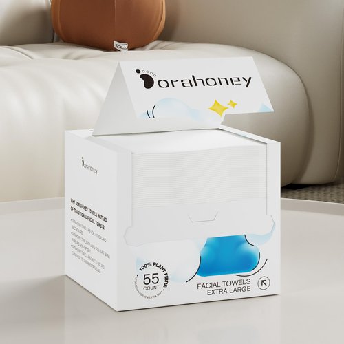 Dorahoney Disposable Face Towels, 12"×12" Extra Large Face Towelettes, Ultra Soft Facial Towels for Sensitive Skin, Makeup Remover Dry Wipes, 55 Count (1 Pack)