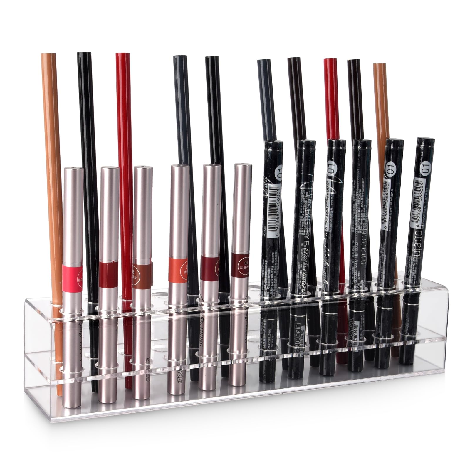 Wiojtry Acrylic Lip Liner Organizer & Eyeliner Organizer, 24 Standard Cosmetic Pencil Makeup Brush Makeup Display Case Refillable Container
